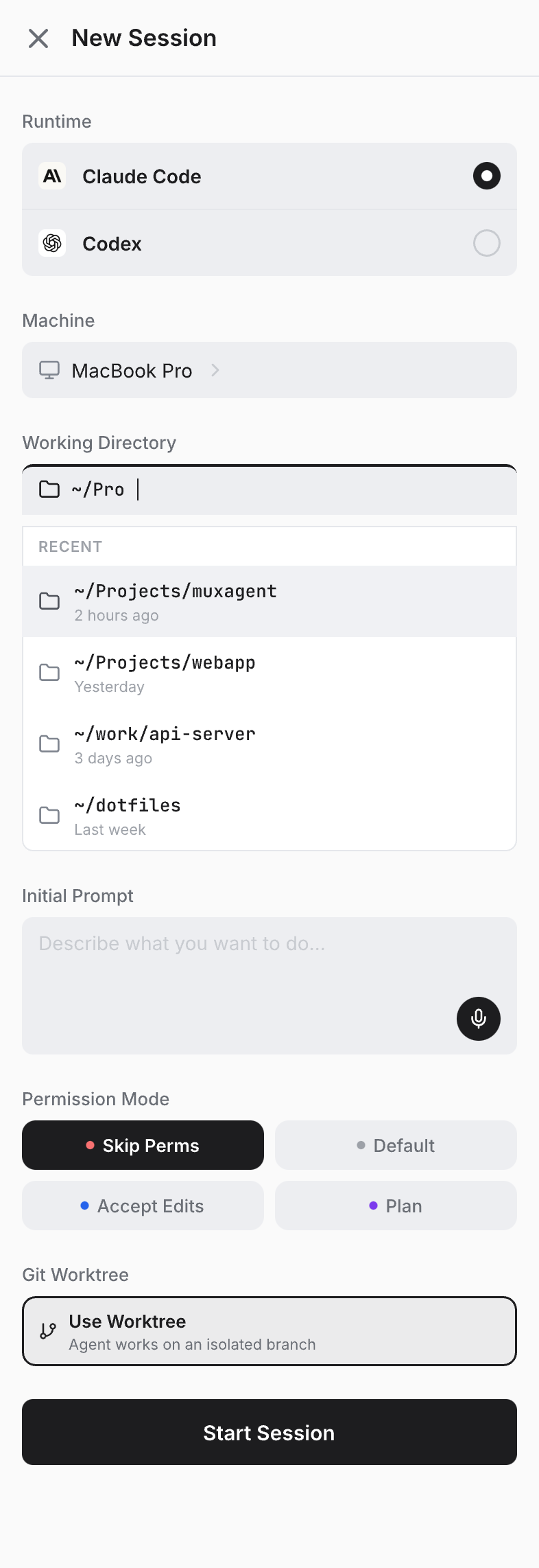 MuxAgent new session screen